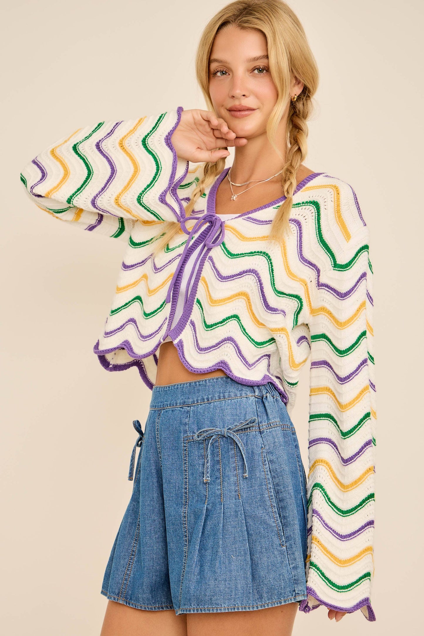 Mardi Gras Wave Stripe Tie Cardigan – Festive Knit