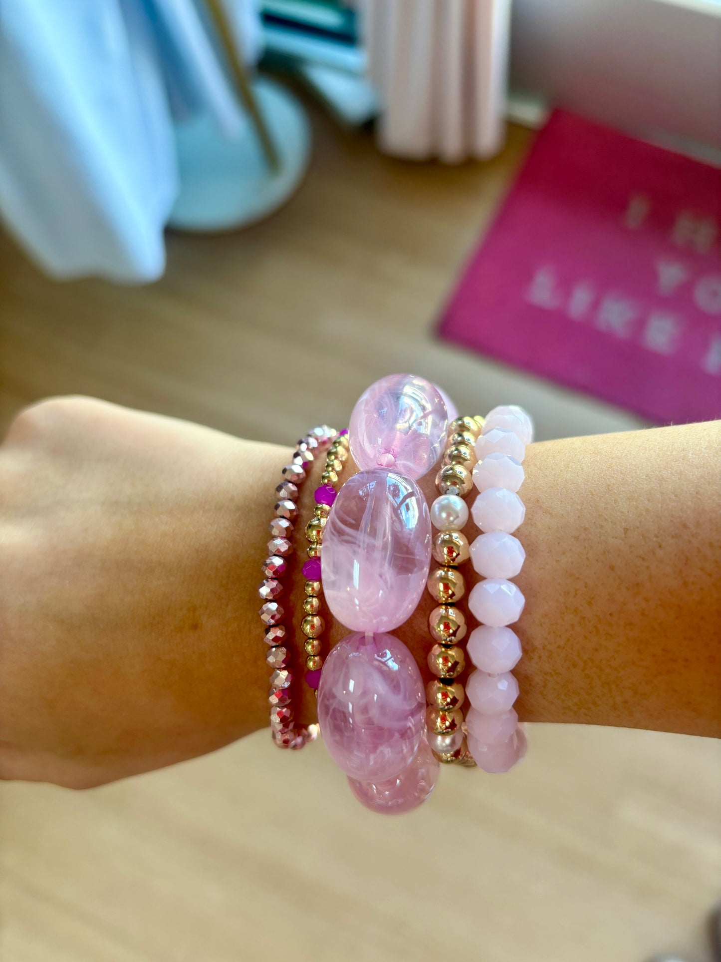 Blush Pink Oval Bubble Bead Stretch Bracelet