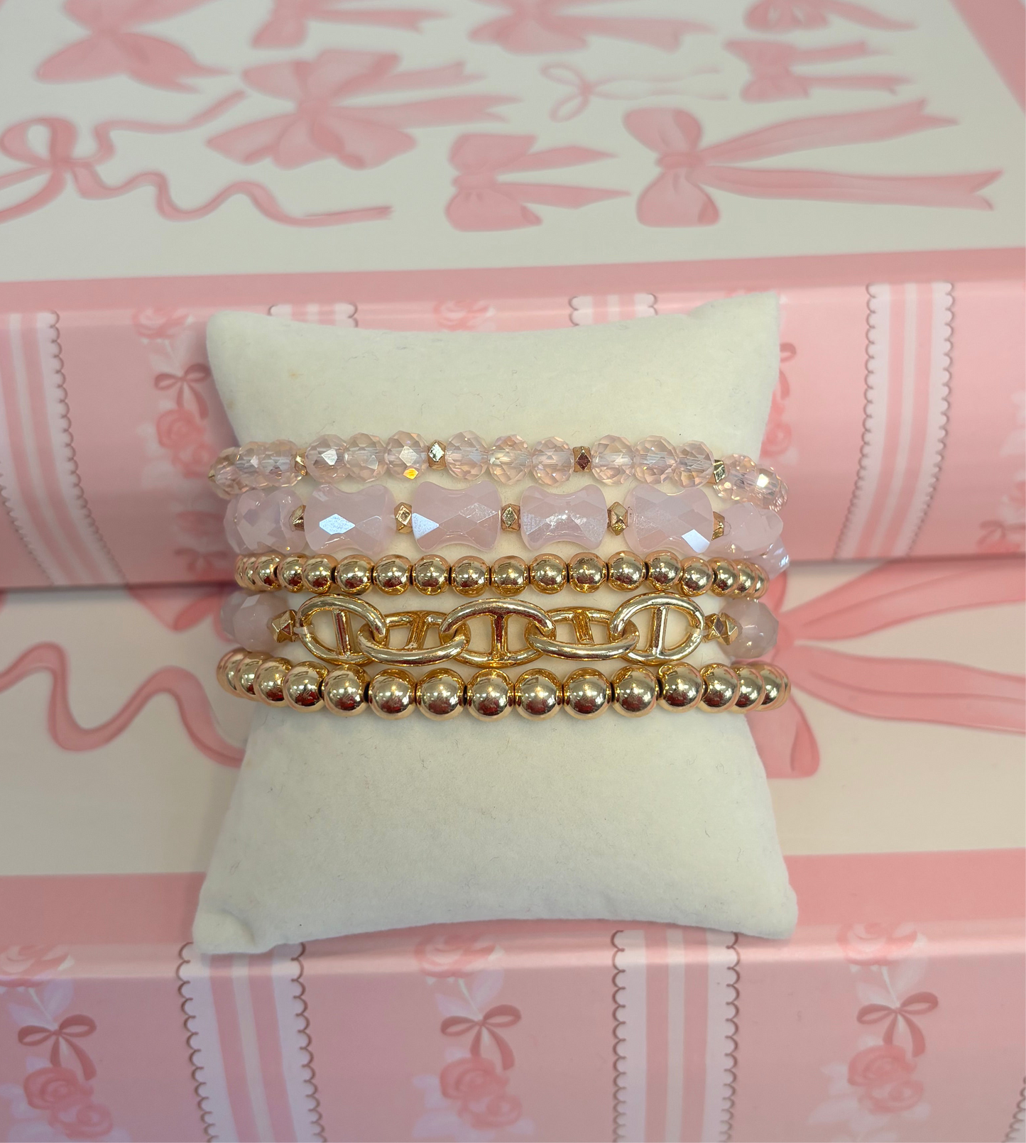 Pink Crystal and Gold Bracelet Stack