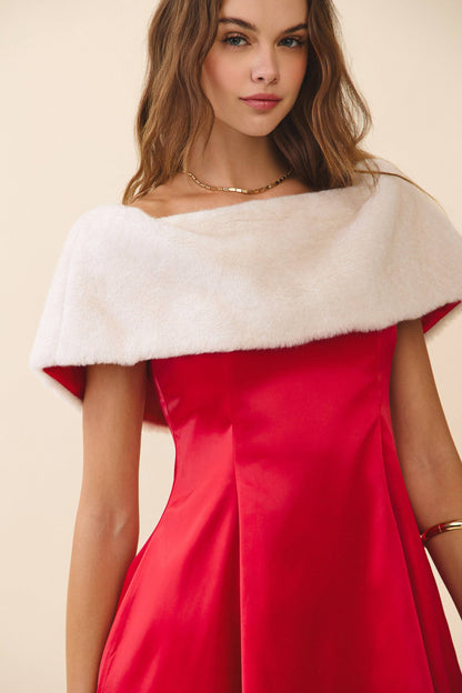 A Line Off The Shoulder Faux Fur Detail Mini Dress
