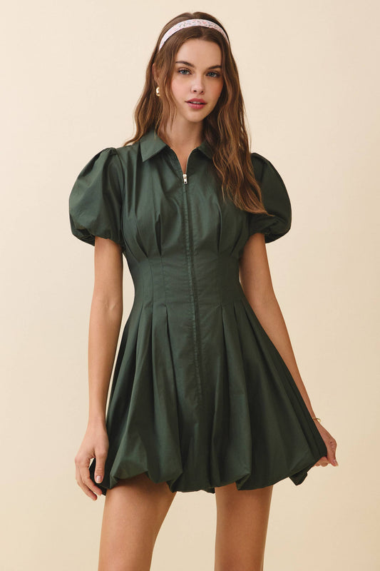 Fit and Flare Zipper Front Bubble Sleeves Dress