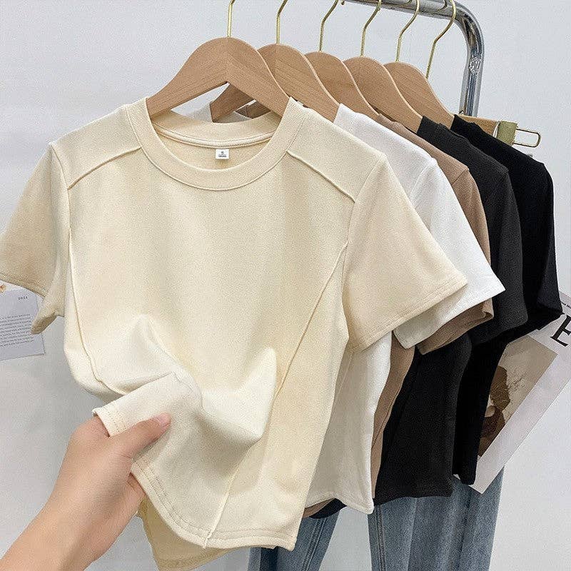 Fishbone Round Neck Slim Fit Solid Color T-Shirt