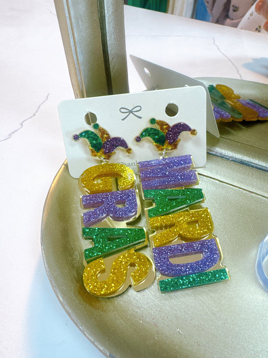 Mardi Gras “GRAS” Dangle Earrings