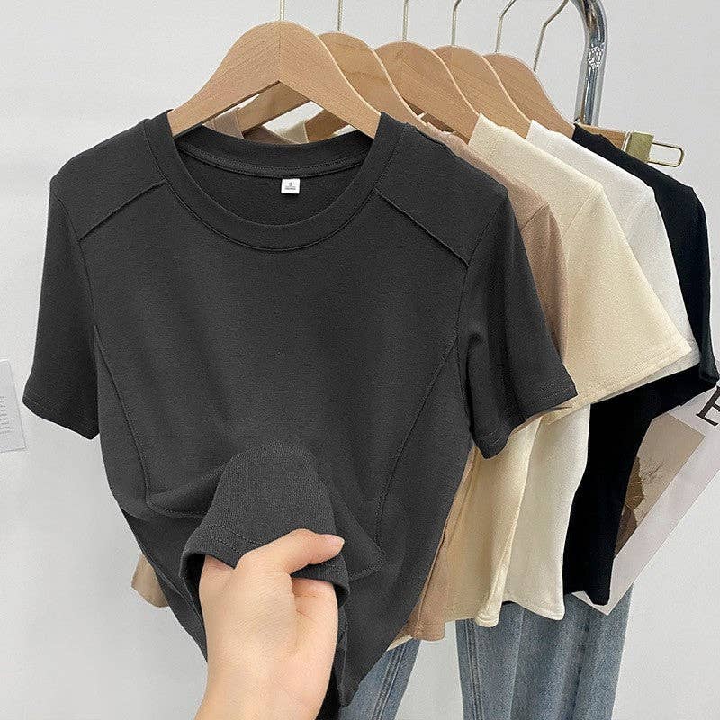 Fishbone Round Neck Slim Fit Solid Color T-Shirt