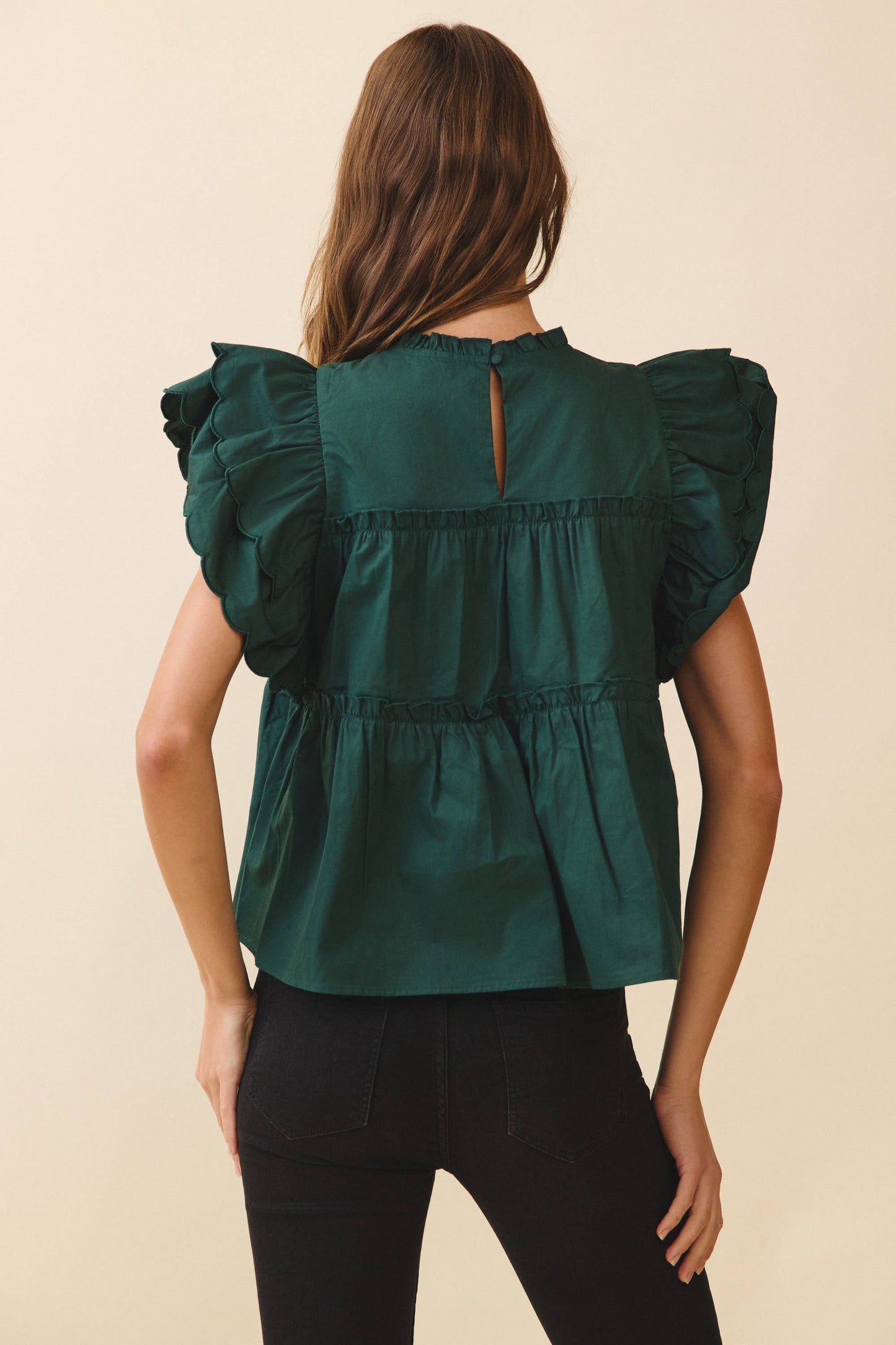 Dramatic Ruffle Sleeves Detail Tiered Poplin Top