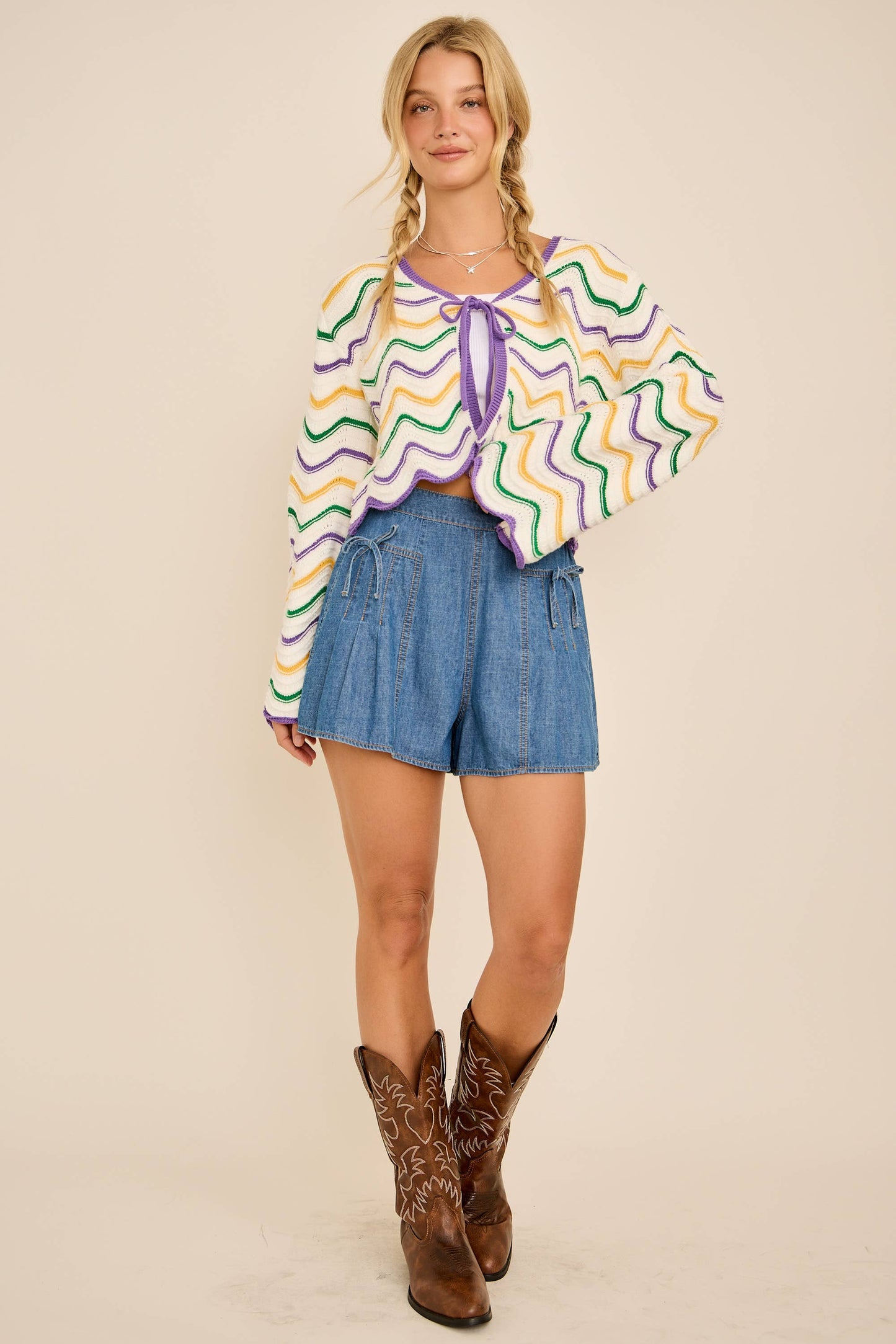 Mardi Gras Wave Stripe Tie Cardigan – Festive Knit