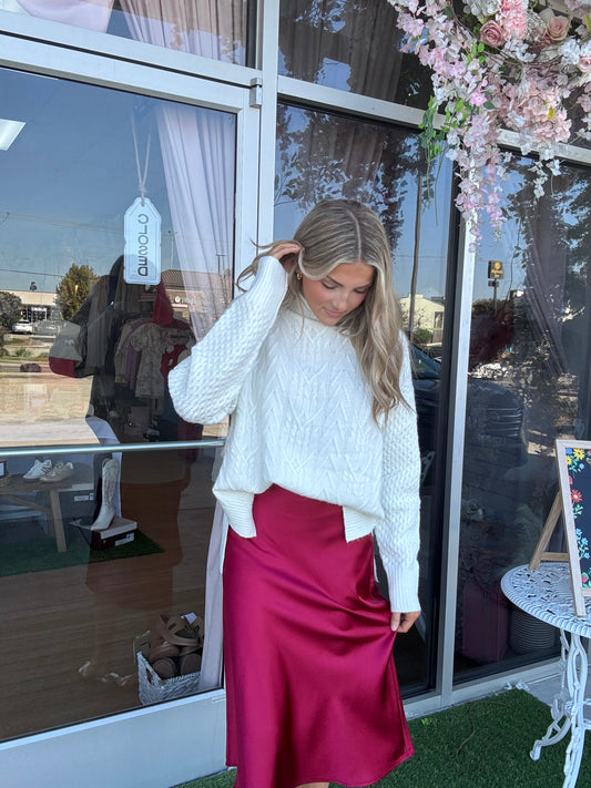 Red Satin Midi Skirt