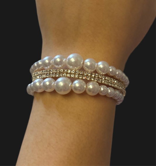 Three Row Pearl and Crystal Cuff Bracelet