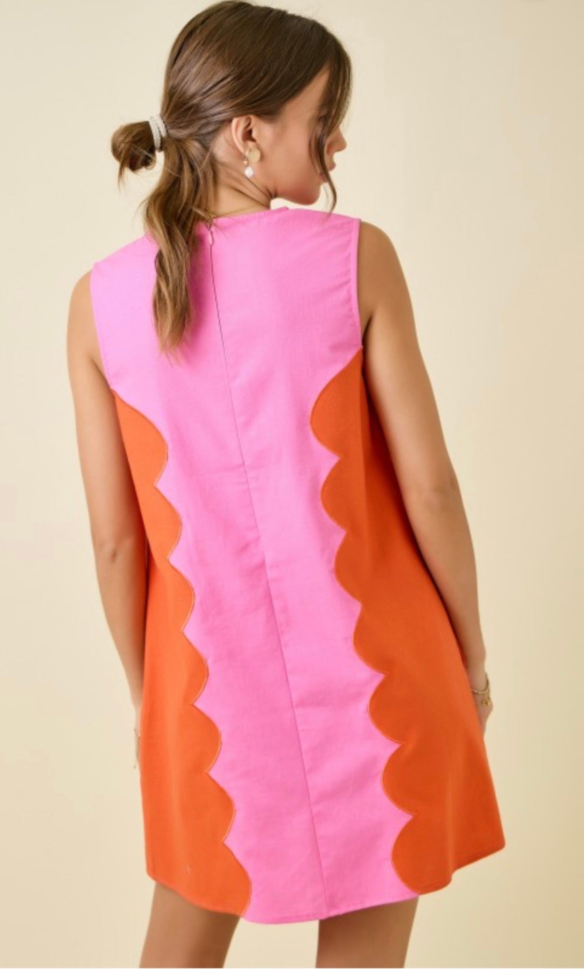 Cotton Blend Sleeveless Dress W/ Scalloped Panels