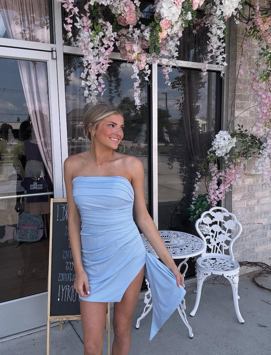 Blue Ruched Dress With Side Sash