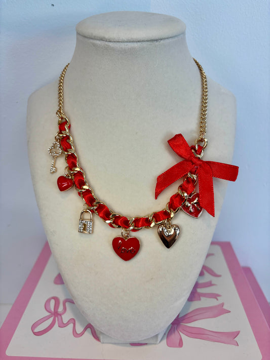 Red Ribbon Heart Charm Necklace