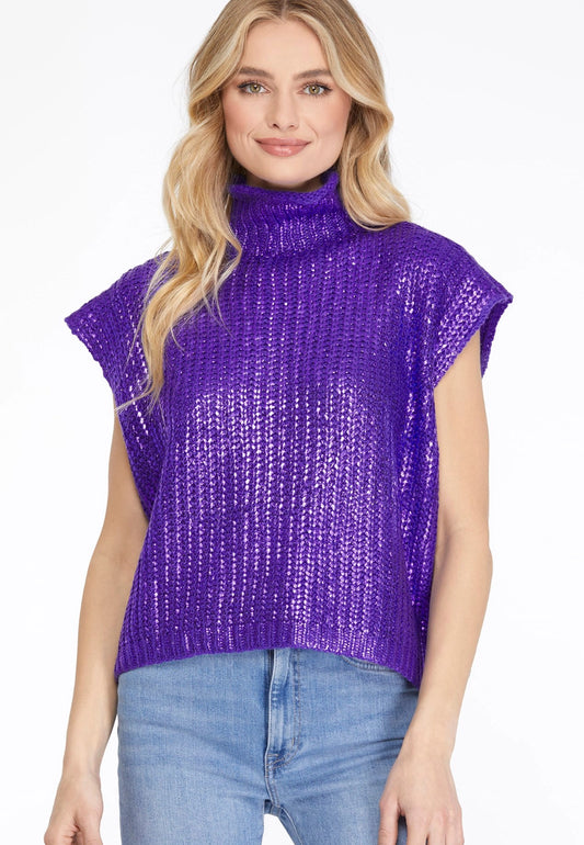 Metallic Foil Sleeveless Turtleneck Sweater Top