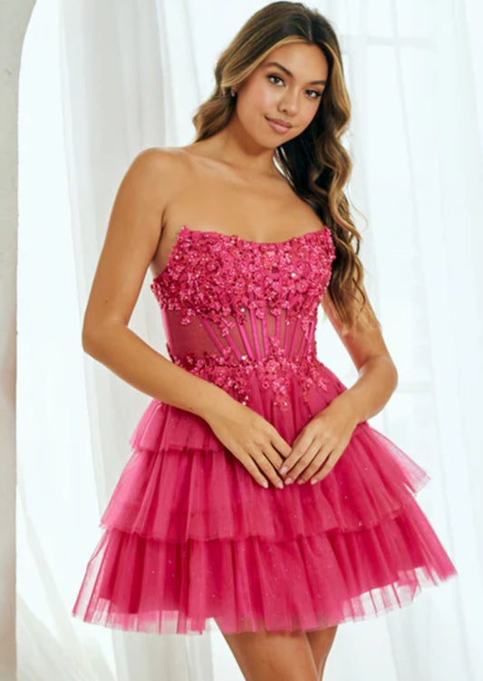 STRAPLESS TIERED TULLE SHORT COCKTAIL DRESS WITH SEQUIN EMBELLISHED CORSET
