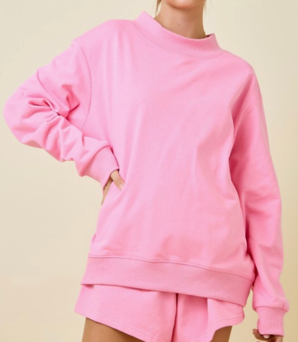 Pink Oversized Mock Neck Sweatshirt