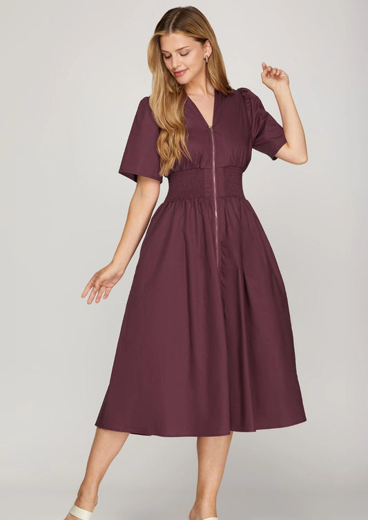 Short Sleeve Smocked Waist Front Zip With Pockets