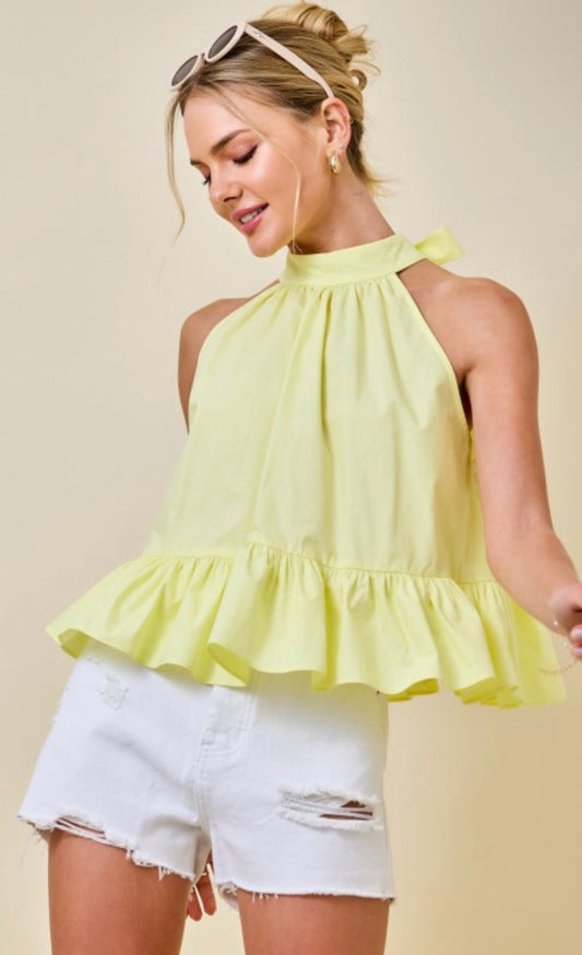 Halter Neck Gathered Peplum Top W/ Back Tie Detail