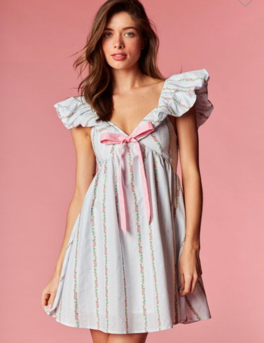 Floral Embroidered Mini Ruffle Bow Dress
