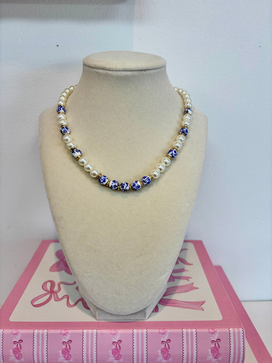 Pearl Beaded Necklace with Blue Accent Beads