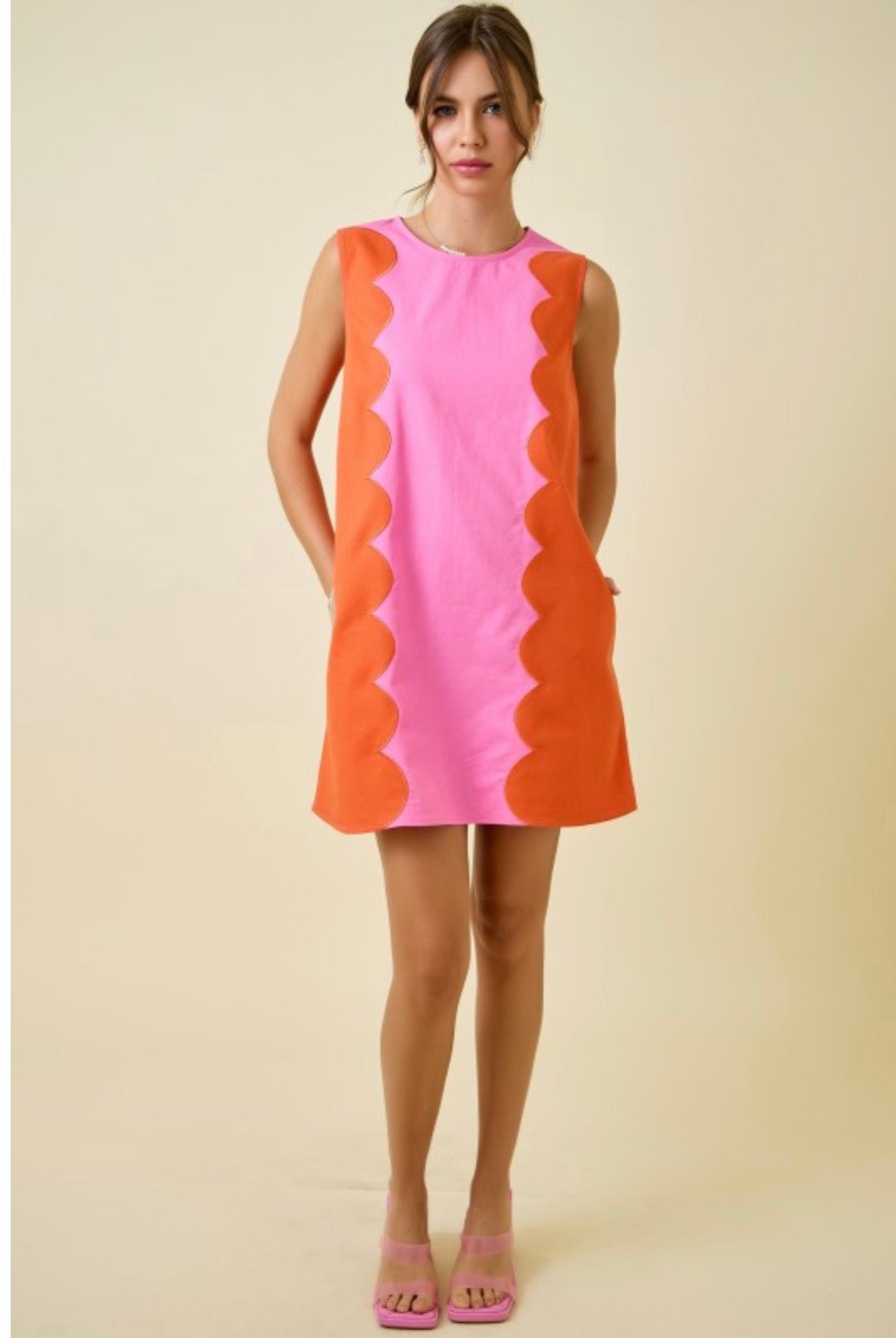 Cotton Blend Sleeveless Dress W/ Scalloped Panels