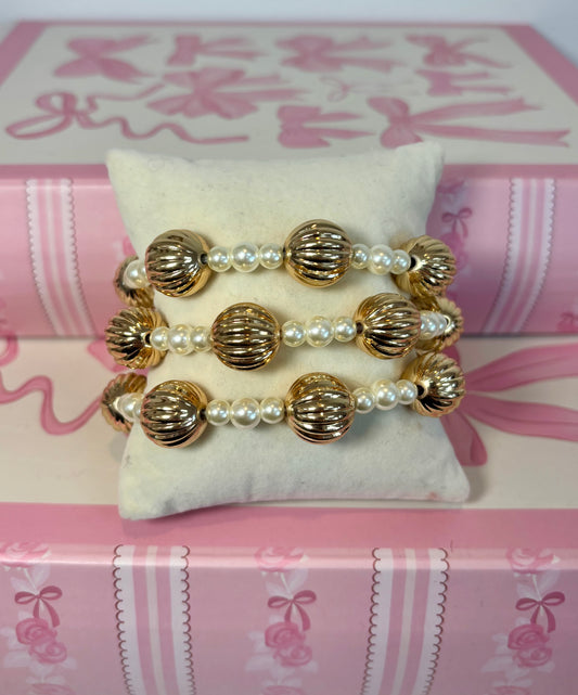 Gold Beaded Pearl Stretch Bracelet Stack