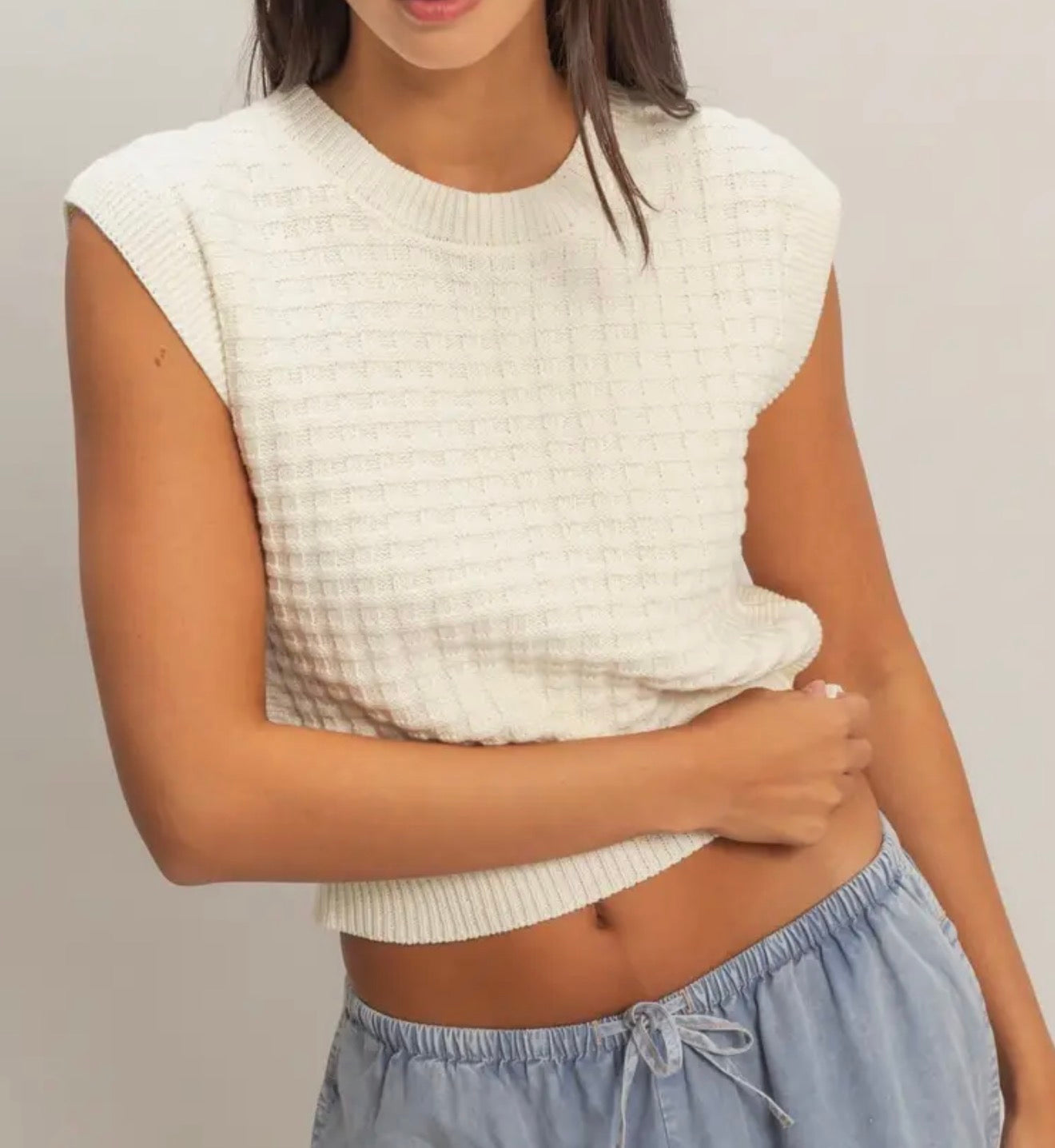 Cream Textured Sleeveless Knit Top