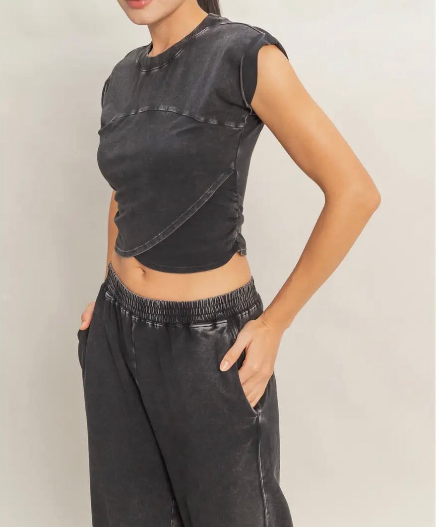 Black Rolled Sleeve Wrap Front Jogger Set