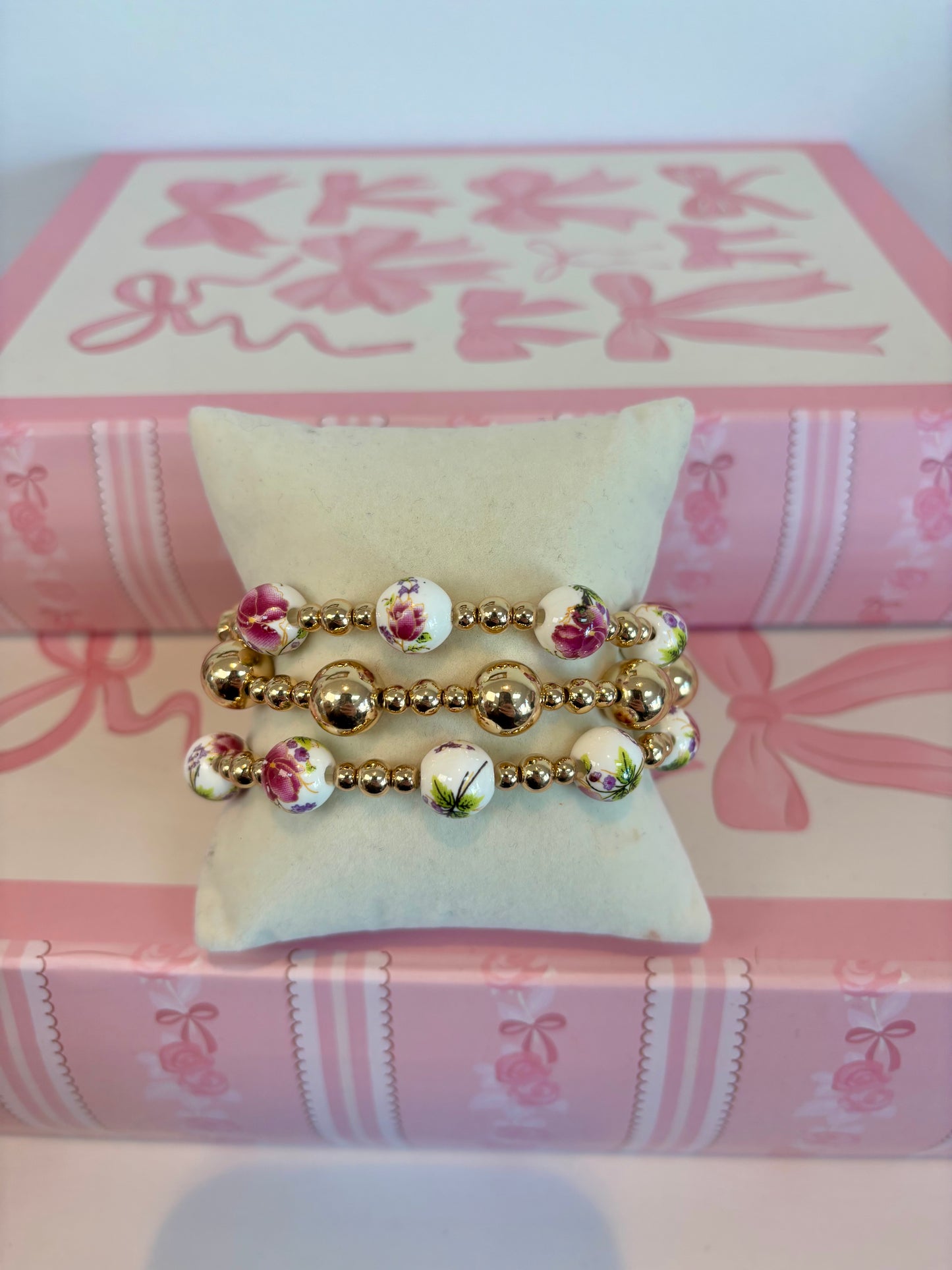 Pink Floral Bead Bracelet Stack
