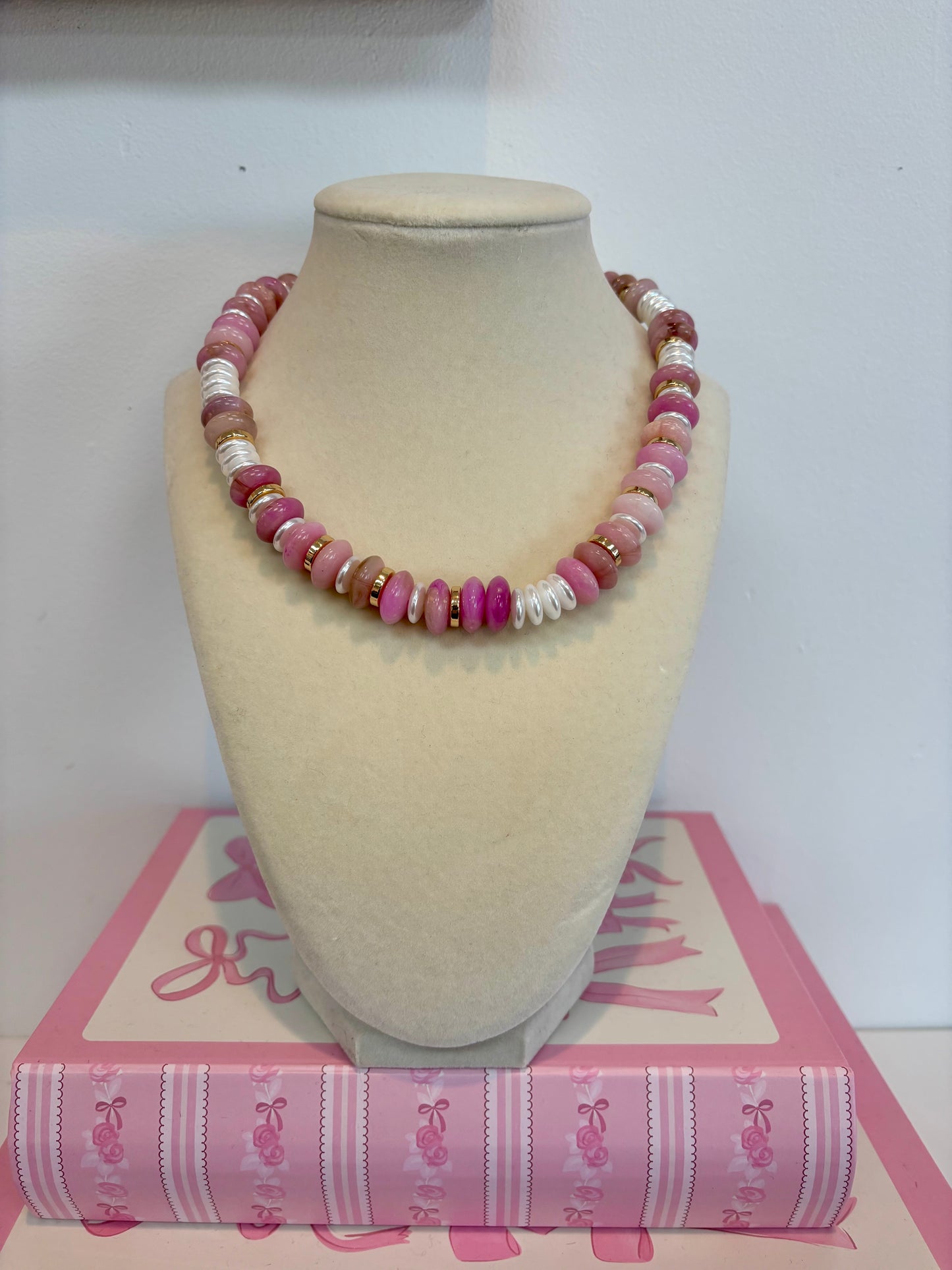 Pink Beaded Necklace with Gold Accents