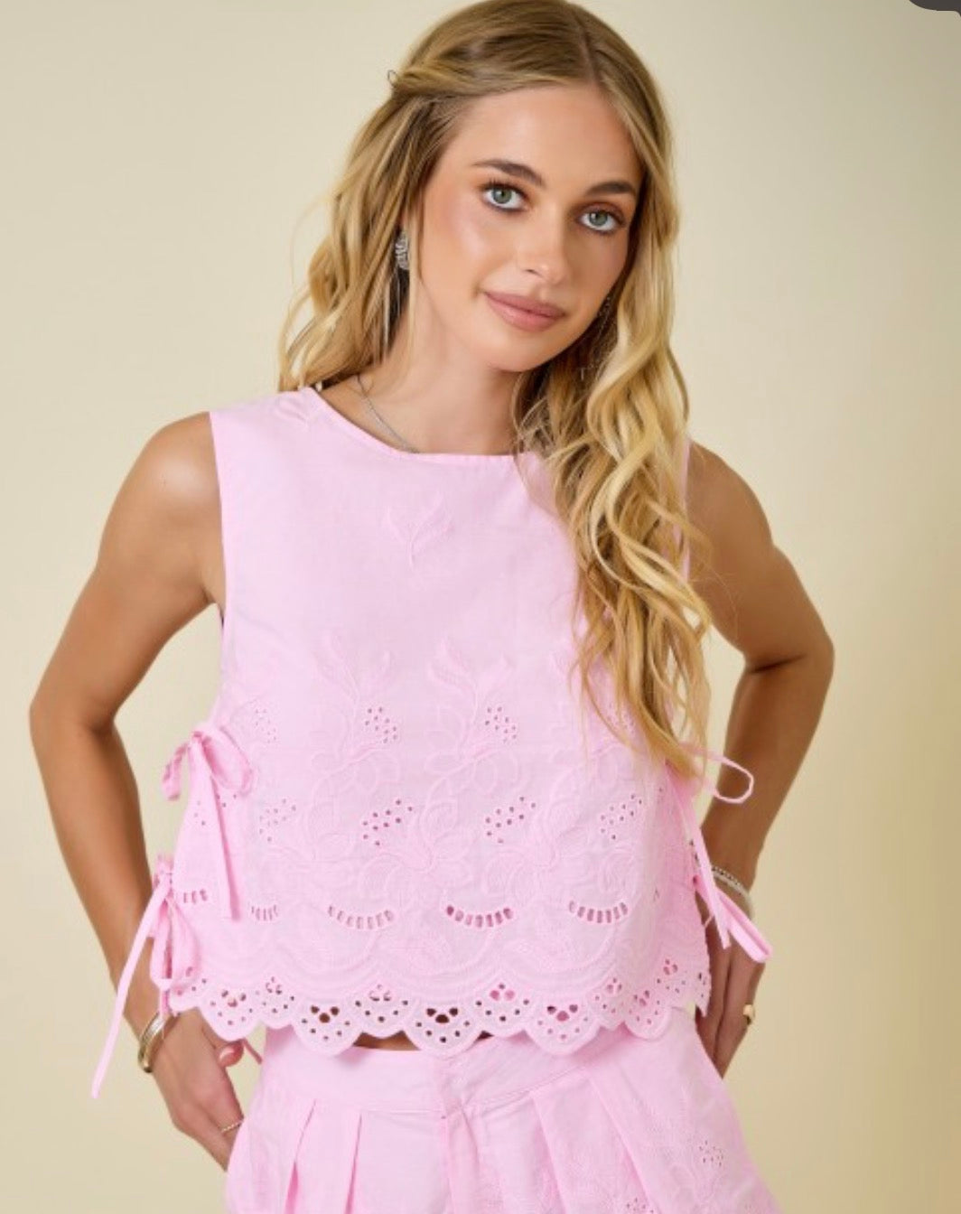 Sleeveless Linen Embroidered Top Double Side Ties