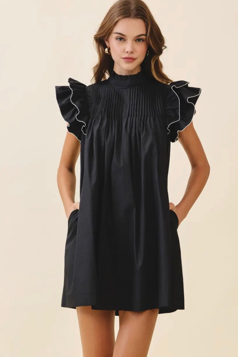 Back Button Down High Neck Babydoll Mini Dress