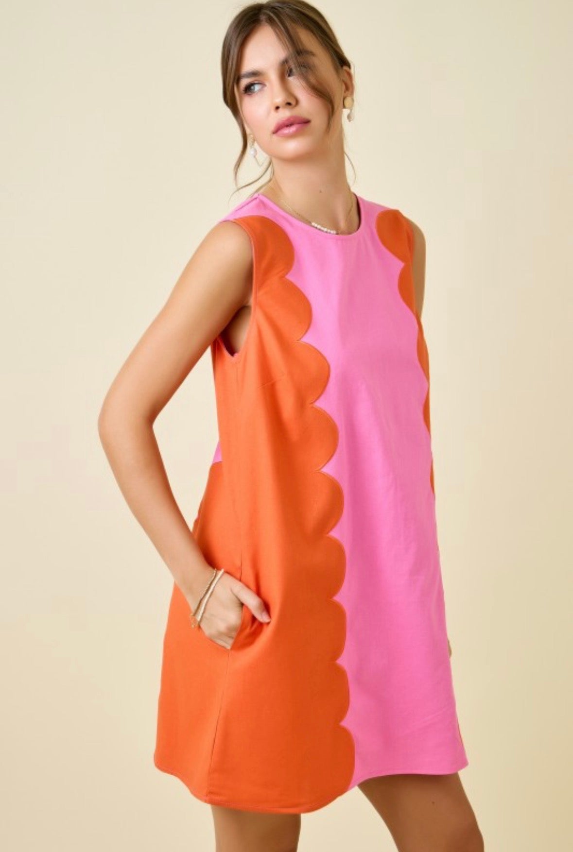 Cotton Blend Sleeveless Dress W/ Scalloped Panels