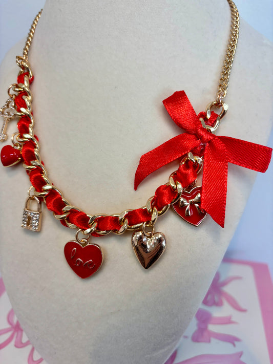 Red Ribbon Heart Charm Necklace