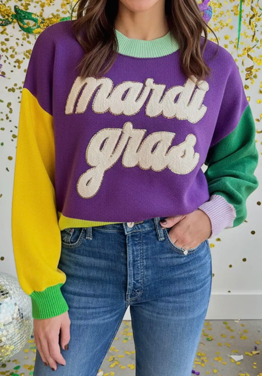 Mardi Gras Sequin Script Sweater