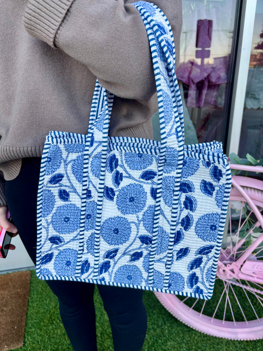 Blue Floral Quilted Mini Tote Bag