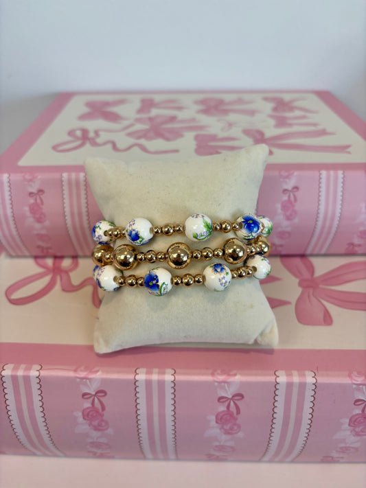 Blue Floral Bead Bracelet Stack