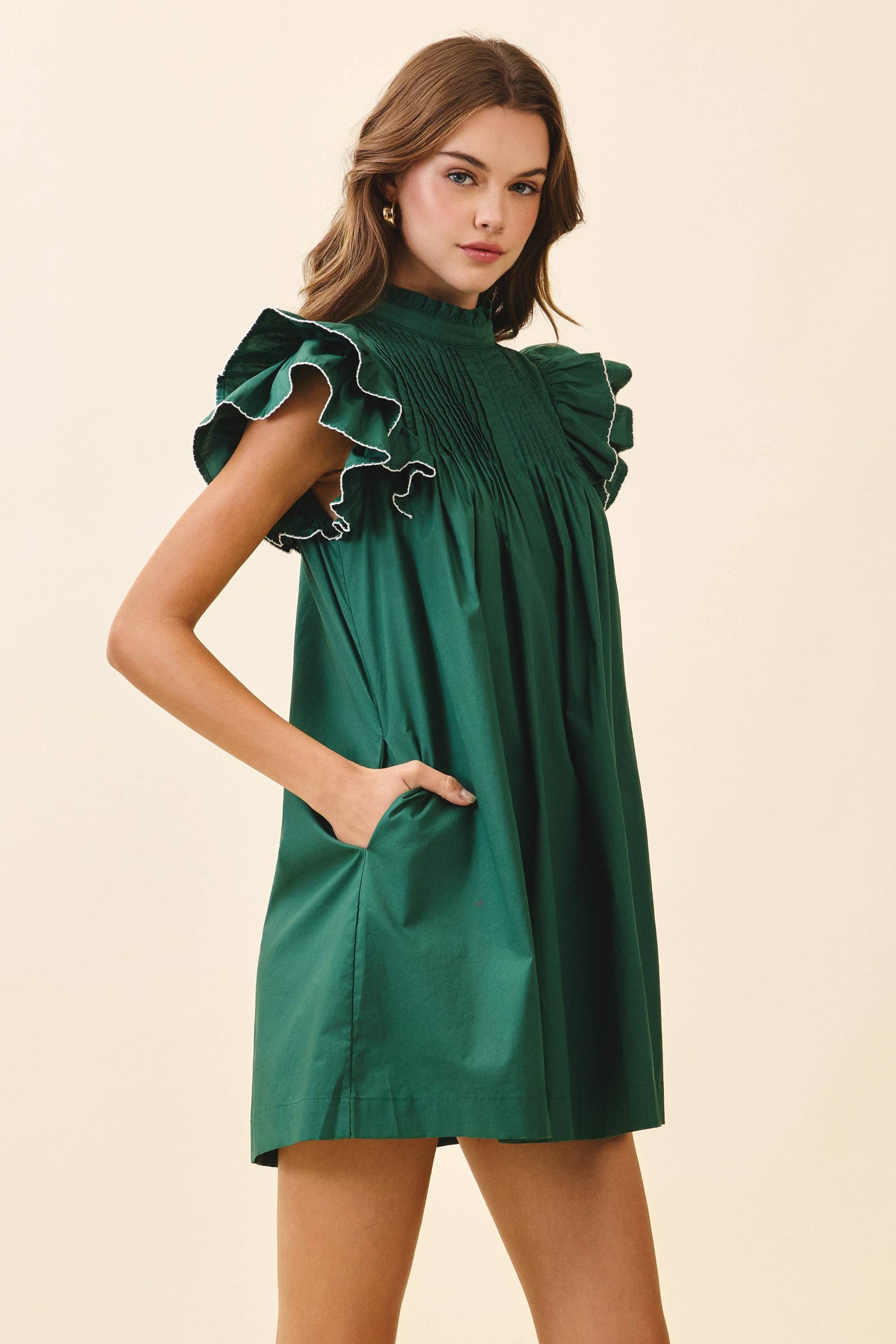 green dress with ruffled sleeves thigh length