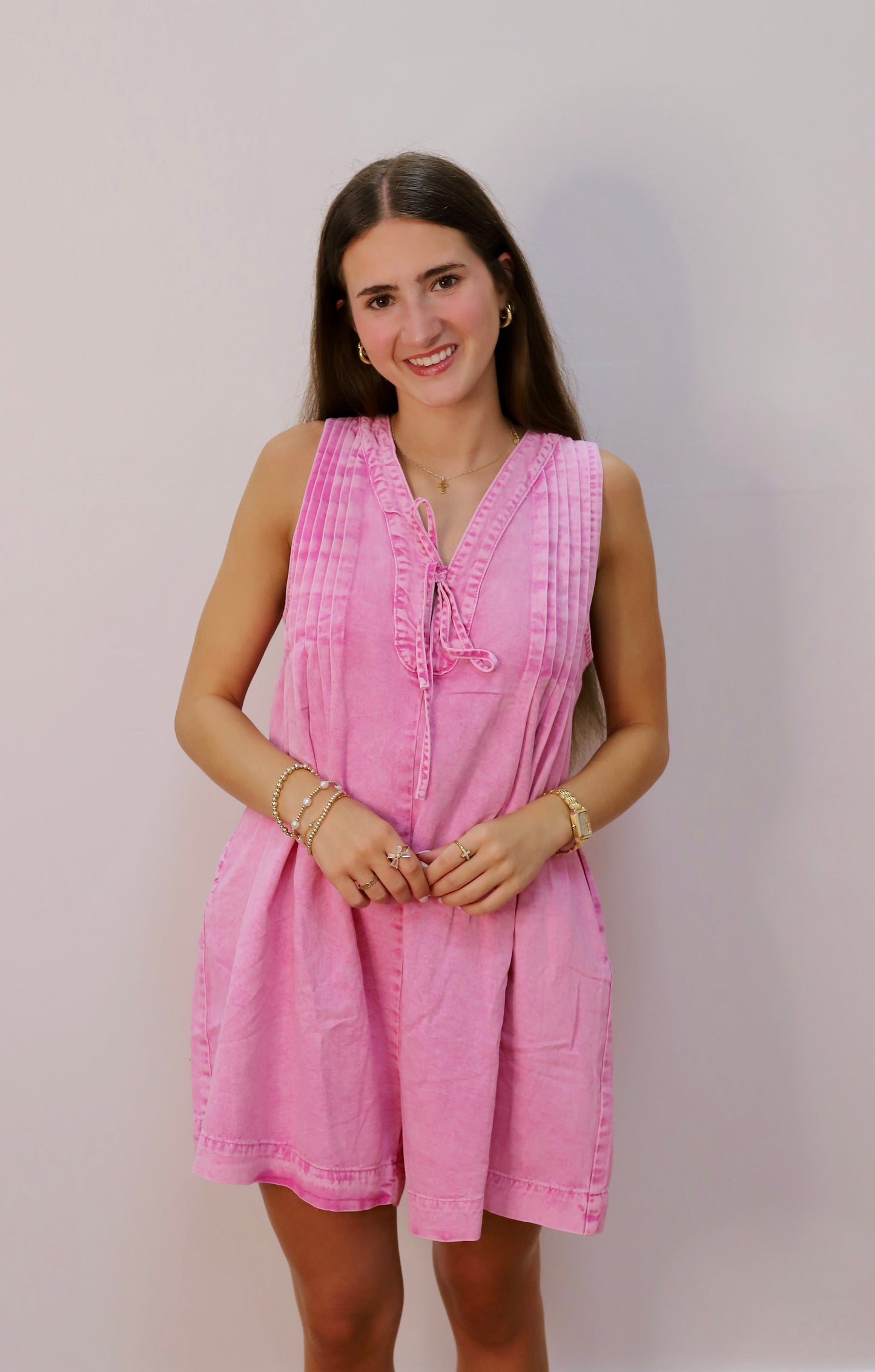 Mineral Wash Sleeveless Knot V Neck Pleated Denim Romper