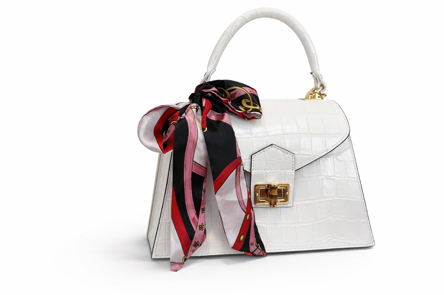 Genuine Cowhide Croco Print Handbag with Bamboo Clasp – Leather Crossbody Purse