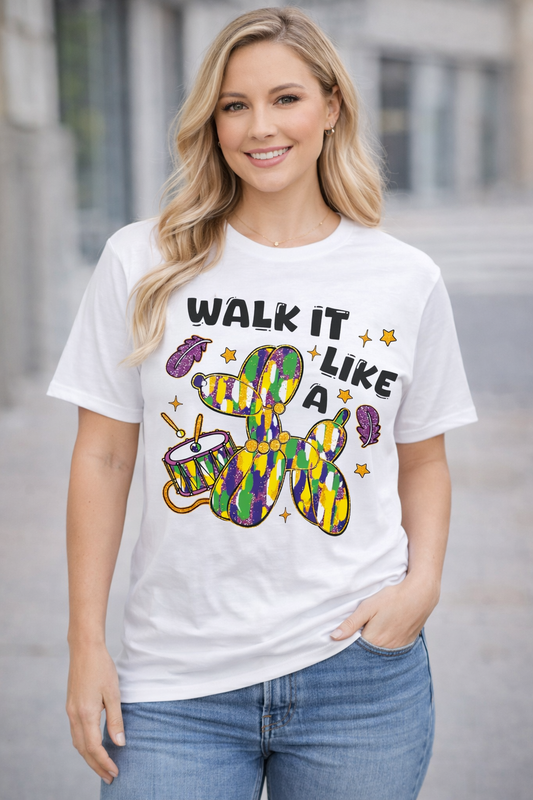 Walk It Like A Balloon Dog Mardi Gras Graphic Tee – White