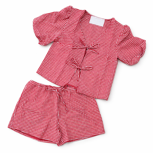Red Gingham Front Tie Blouse