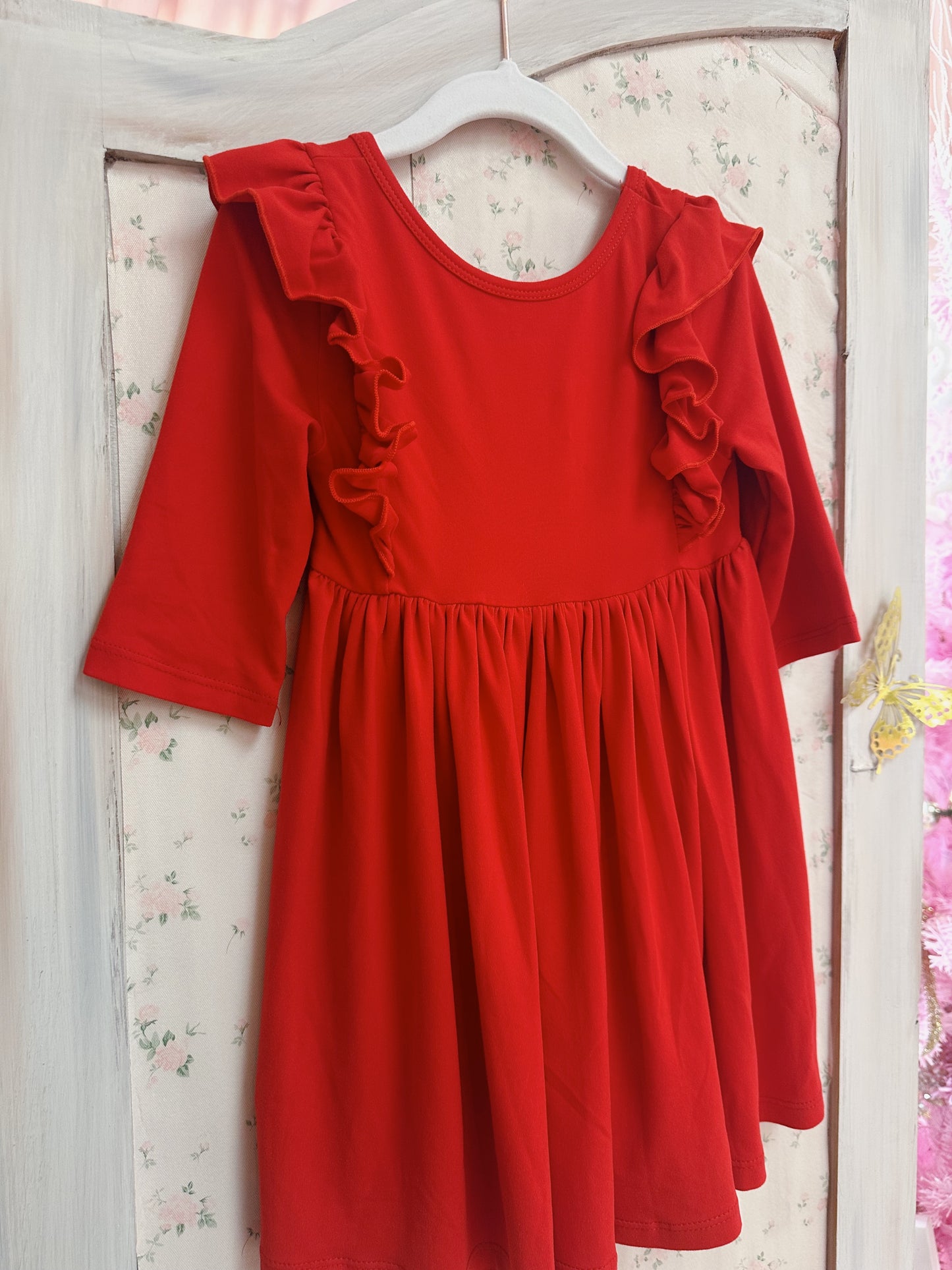 Red 3/4 Sleeve Ruffle Twirl Dress