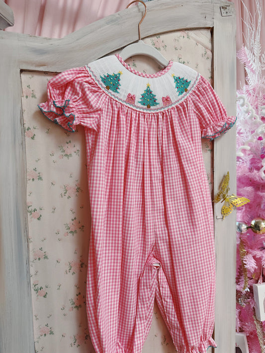 Pink Gingham Smocked Long Bubble