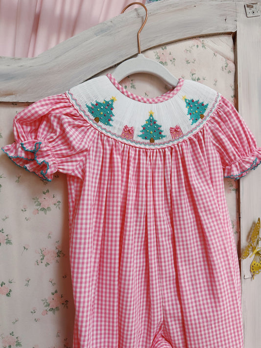 Pink Gingham Smocked Long Bubble