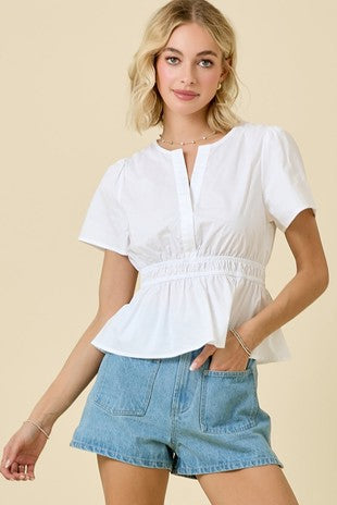 Front V Neck Poplin Top W Elastic Waist Detail