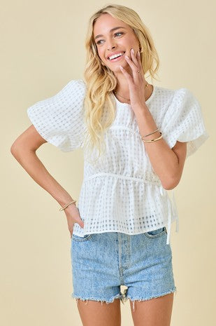 Gingham Asymmetrical Double Tie Bubble Sleeve Top