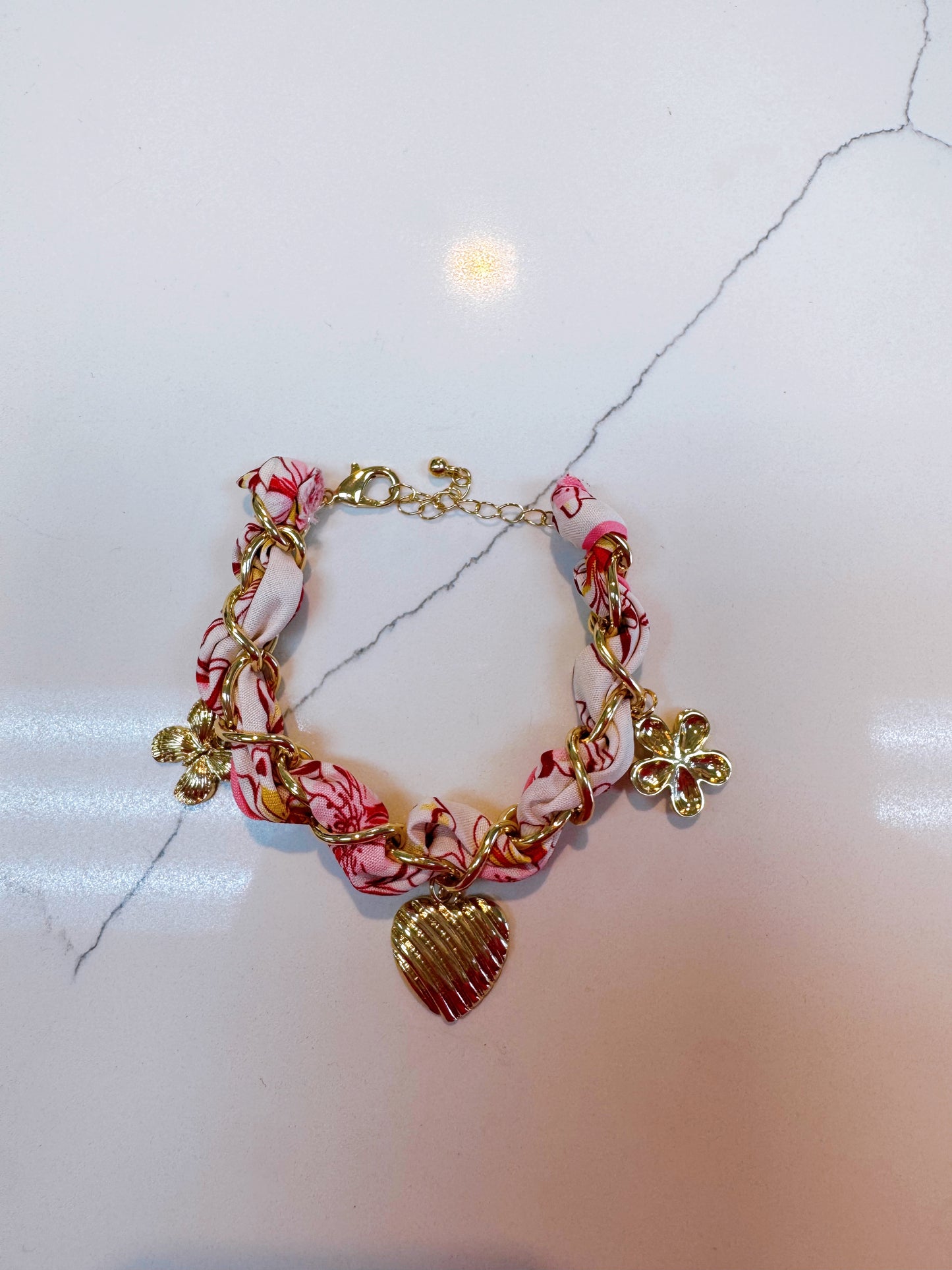 Pink Fabric Chain Bracelet with Heart Charm