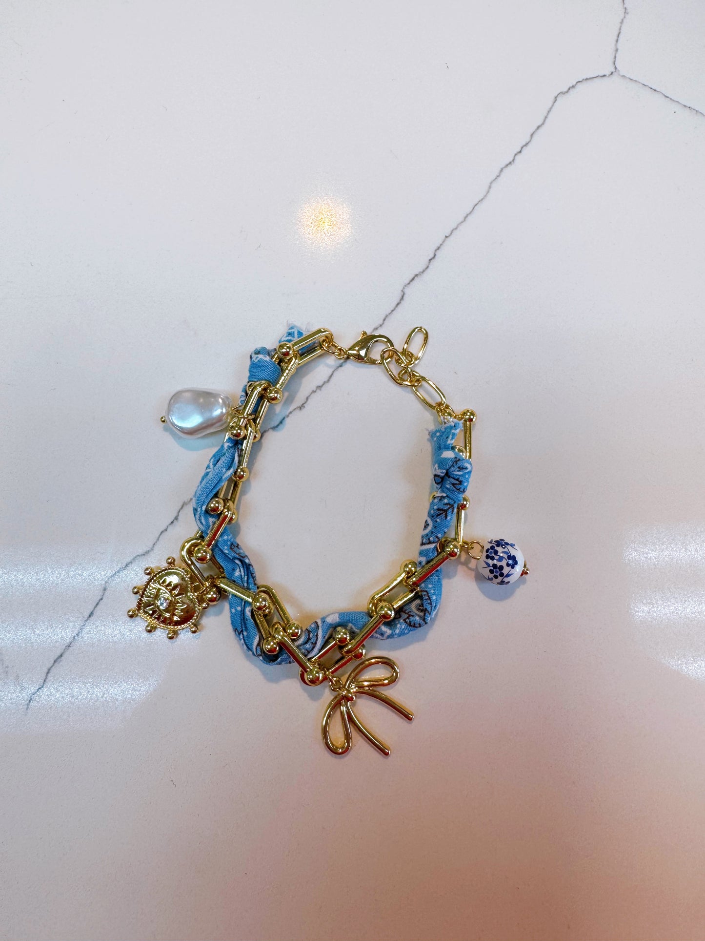 Blue Fabric Chain Bracelet with Pearl Accents