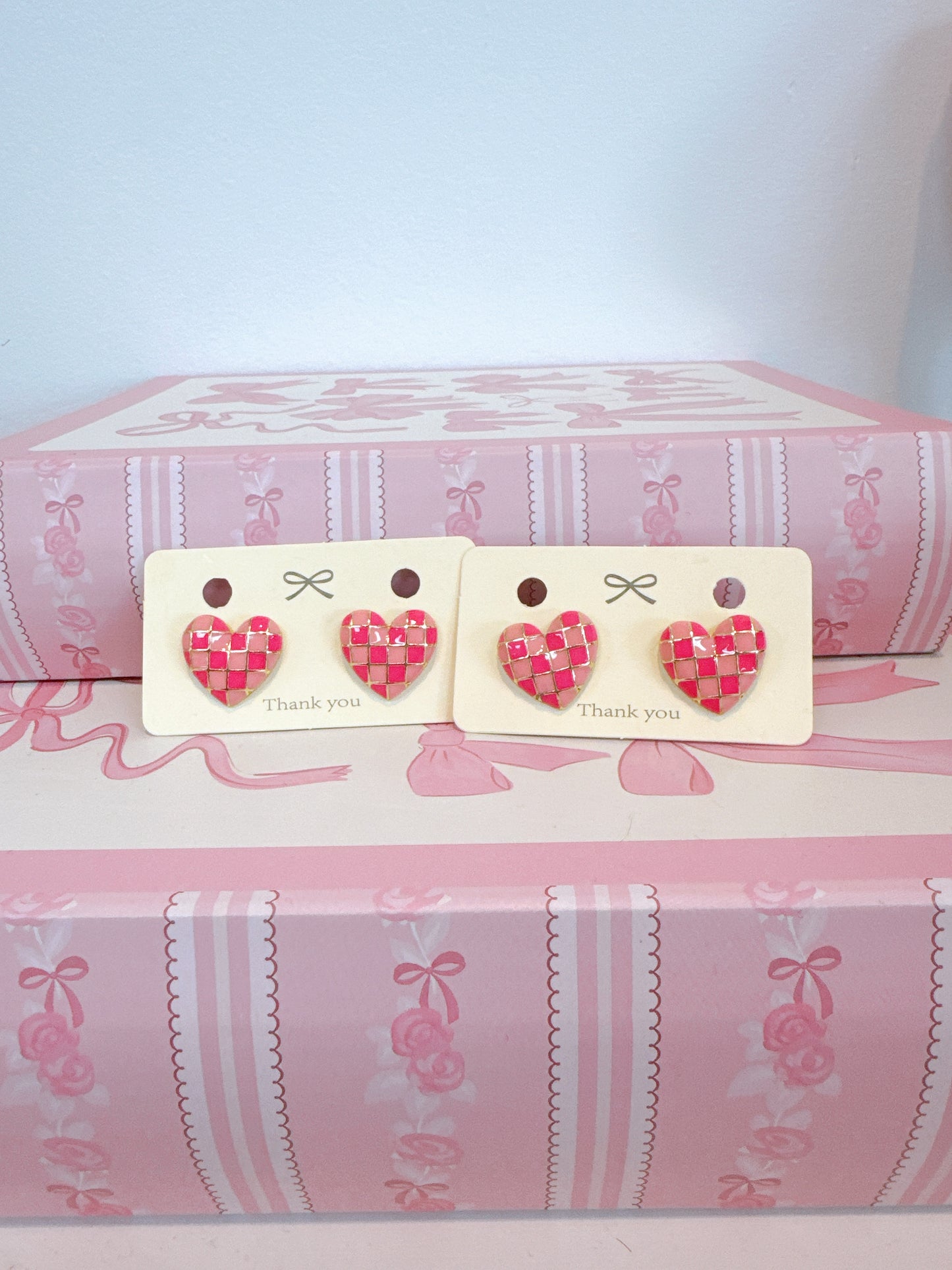 Pink Checkered Heart Stud Earrings