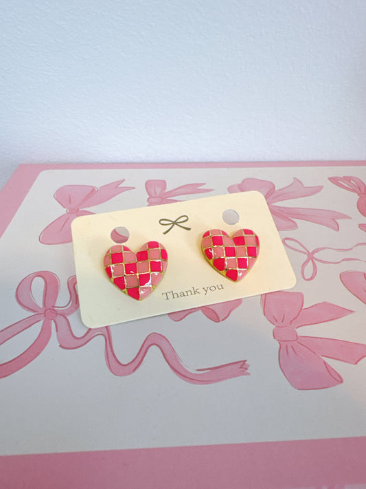 Pink Checkered Heart Stud Earrings