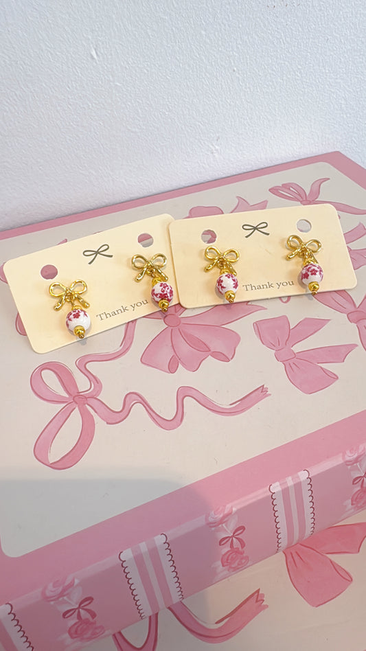 Gold Bow Drop Earrings with Pink Floral Bead